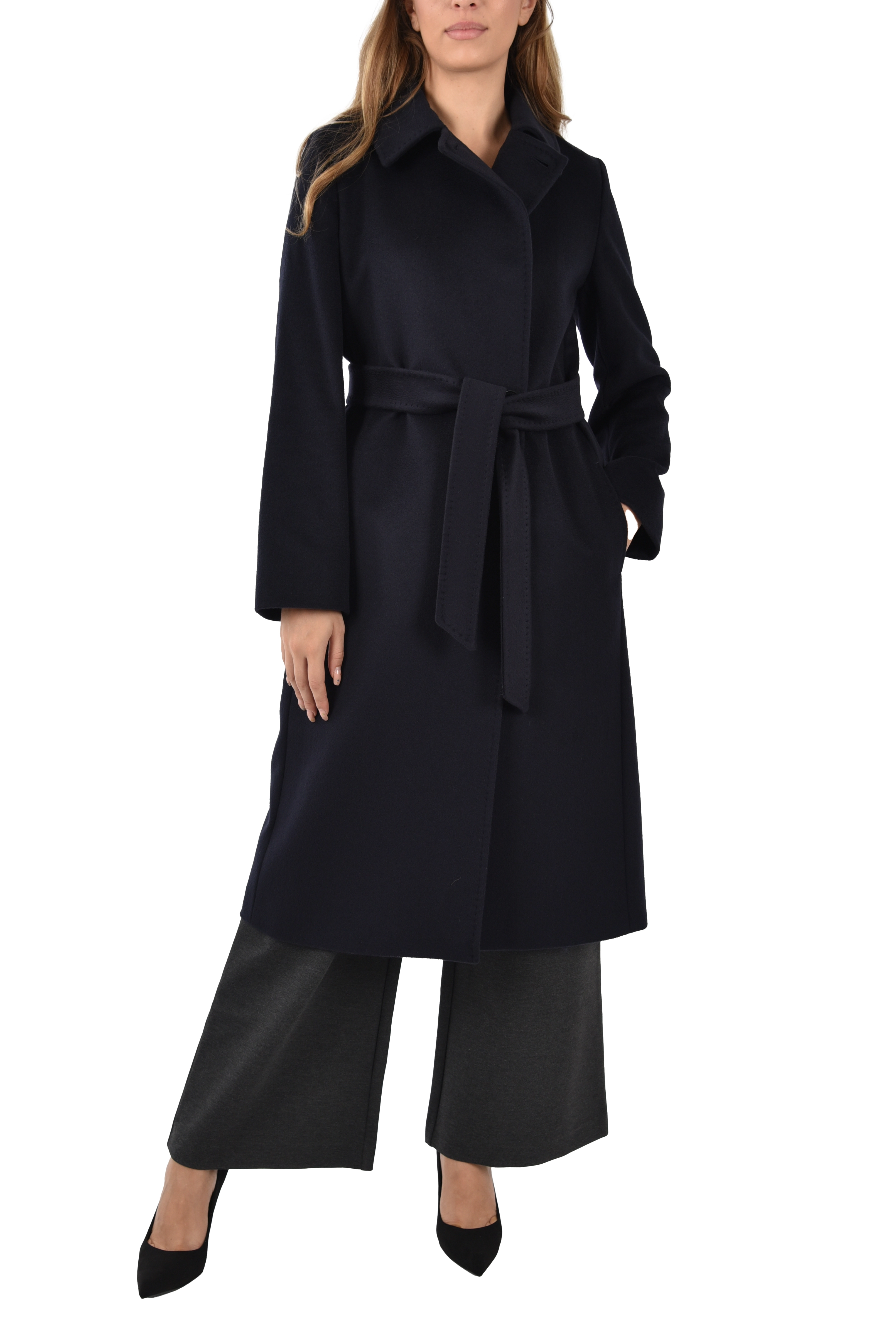 CAPPOTTO LUNGO IN LANA CON CINTURA E SPACCO SUL RETRO  DONNA BLU