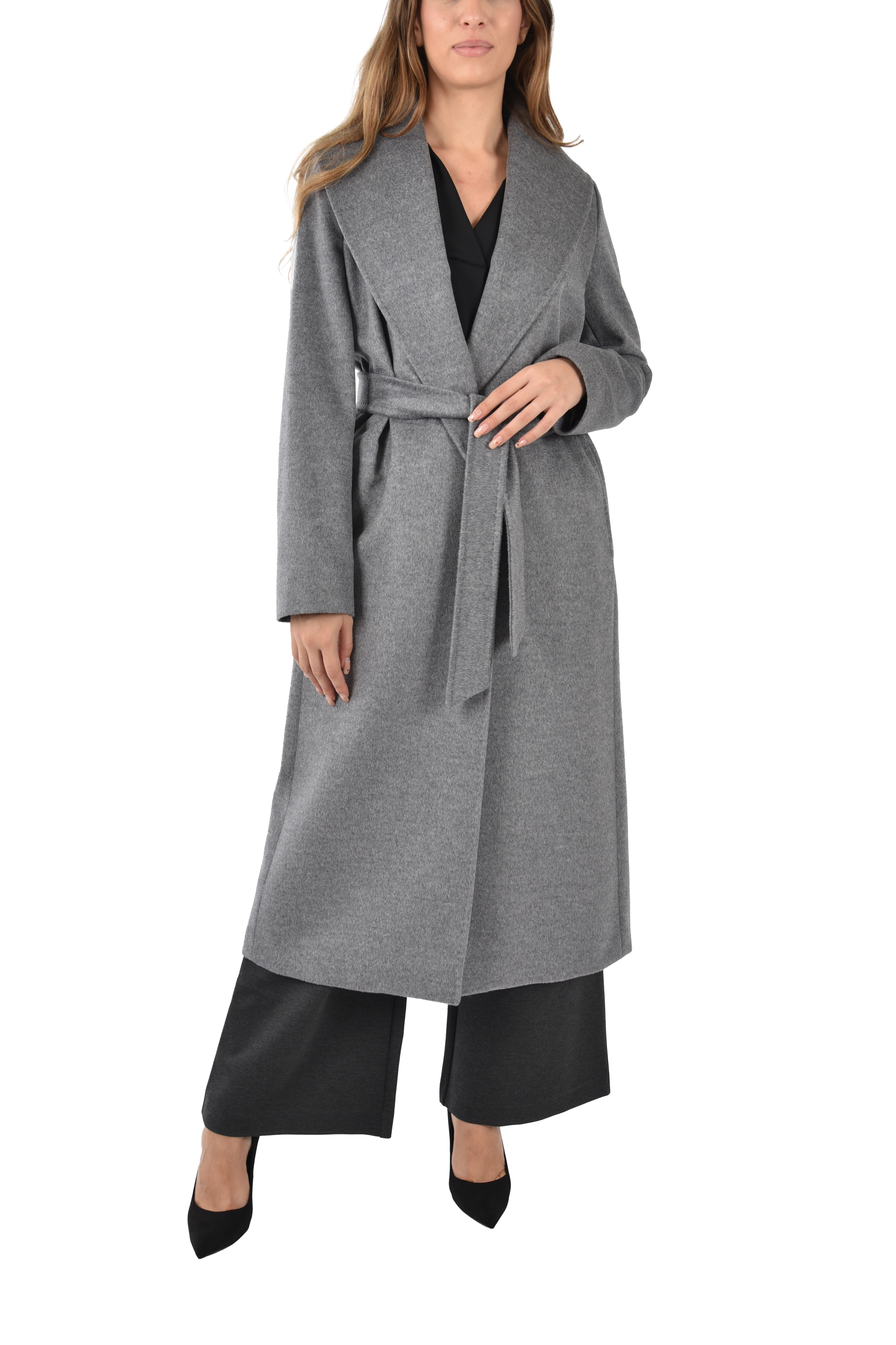 CAPPOTTO LUNGO CON CINTURA E TASCHE A FILO  DONNA GRIGIO