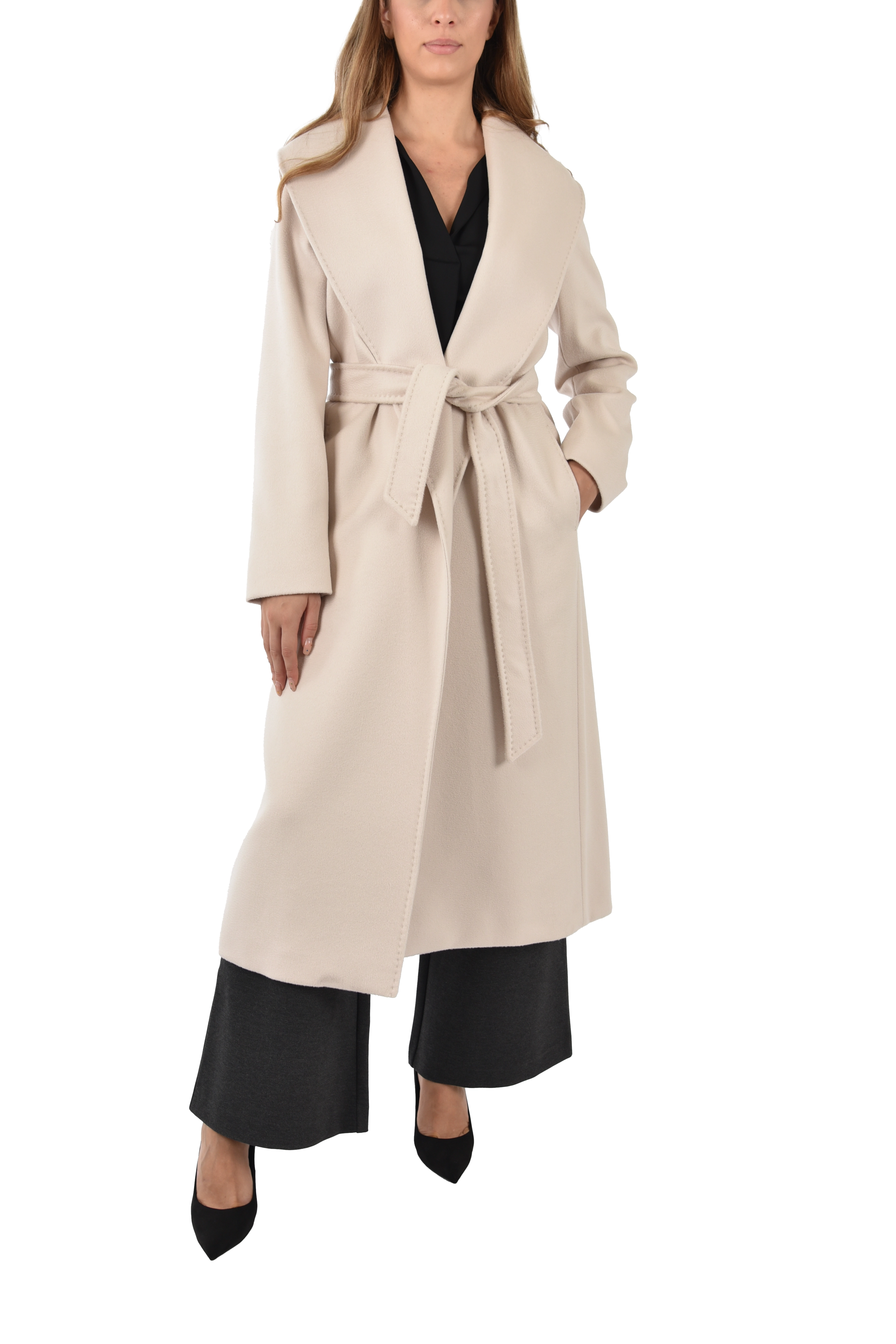 CAPPOTTO LUNGO CON CINTURA E TASCHE A FILO  DONNA BEIGE CHIARO