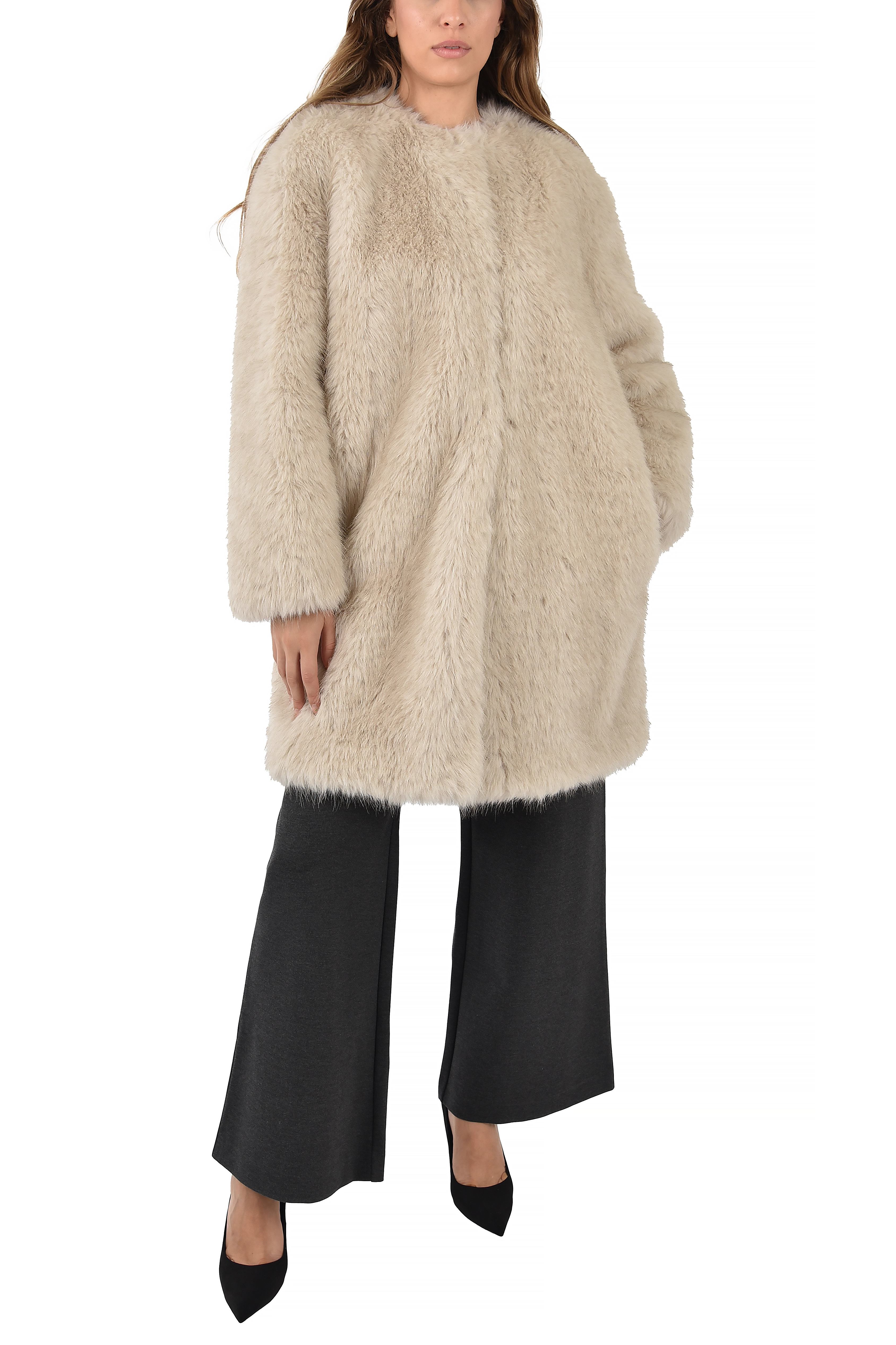 CAPPOTTO LUNGO IN ECOPELLICCIA DONNA BEIGE