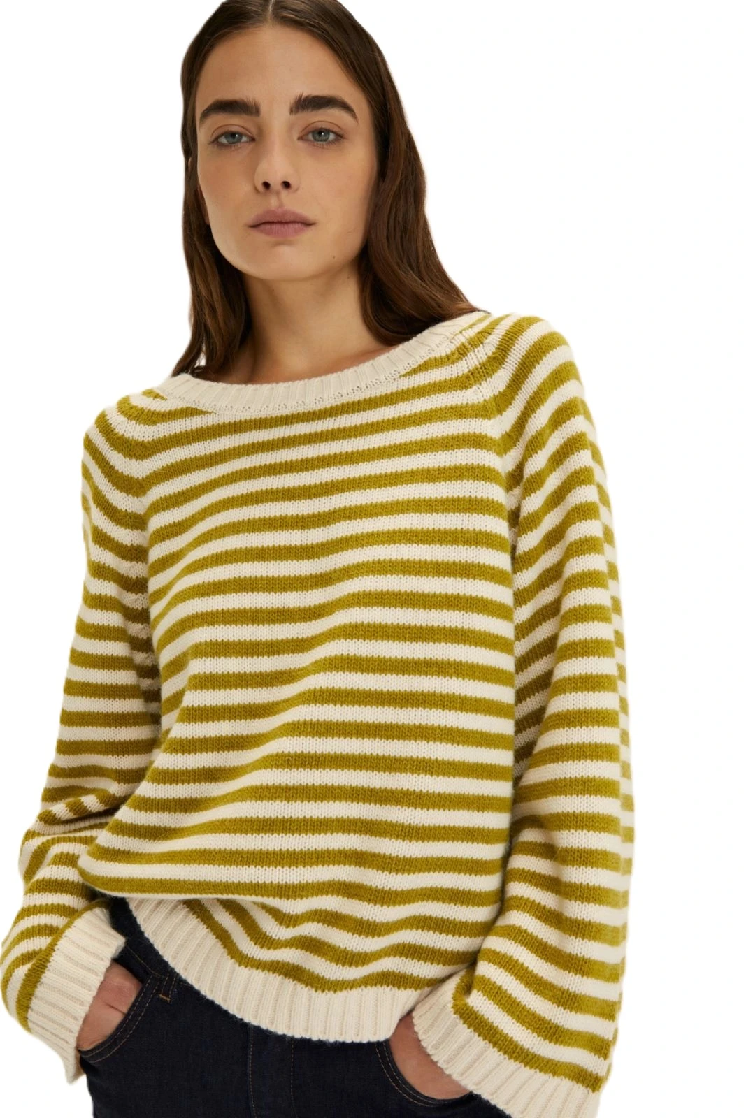 MAGLIA GIROCOLLO A RIGHE ORIZZONTALI DONNA AVORIO