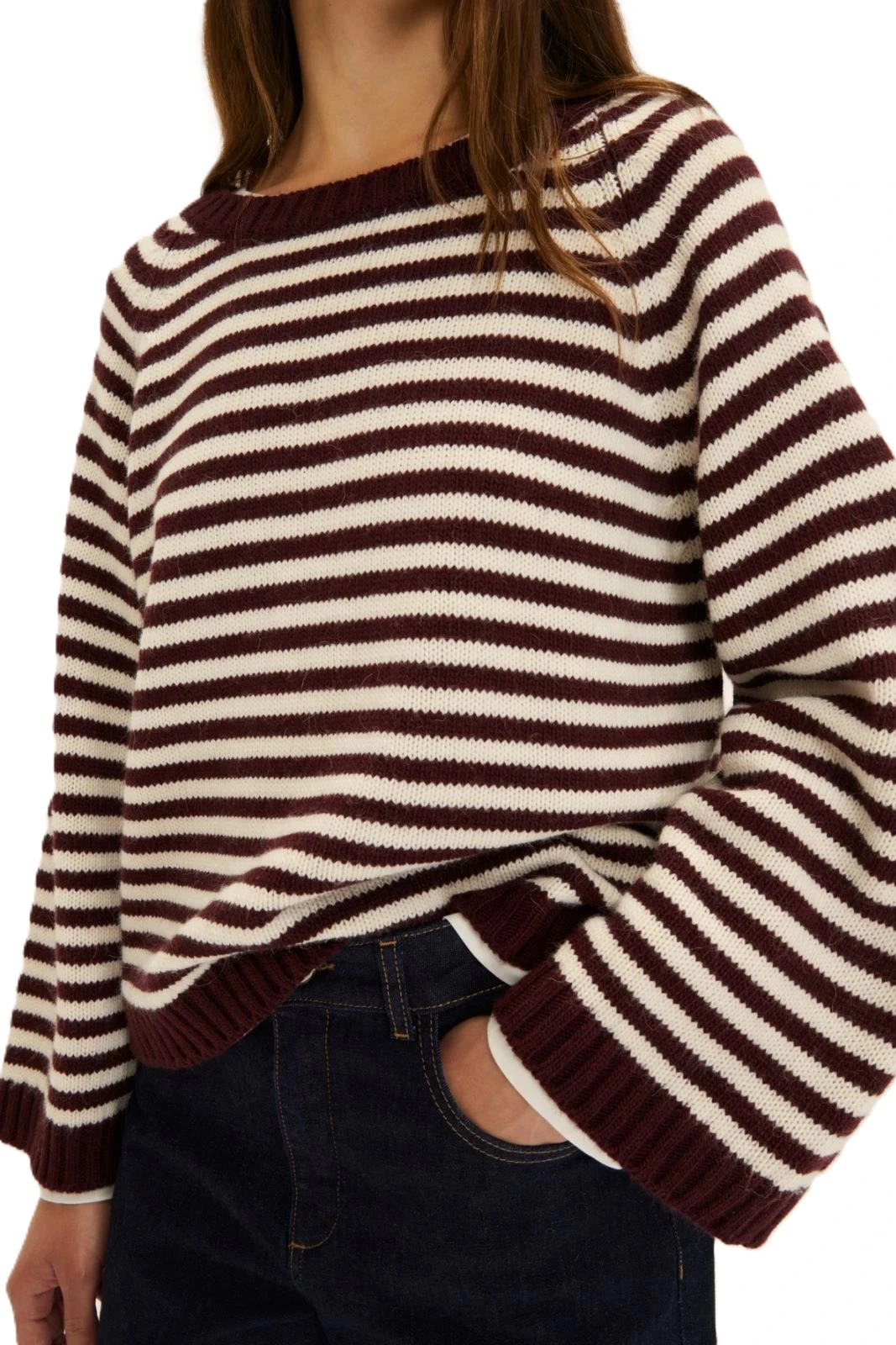 MAGLIA GIROCOLLO A RIGHE ORIZZONTALI DONNA BORDEAXU