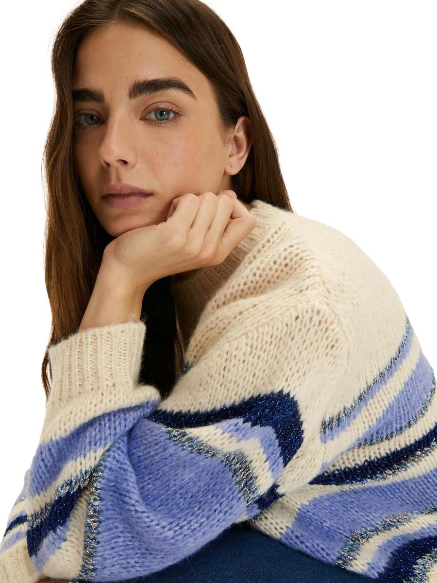 MAGLIA GIROCOLLO MISTO LANA CON LAVORAZIONE A RIGHE BLU