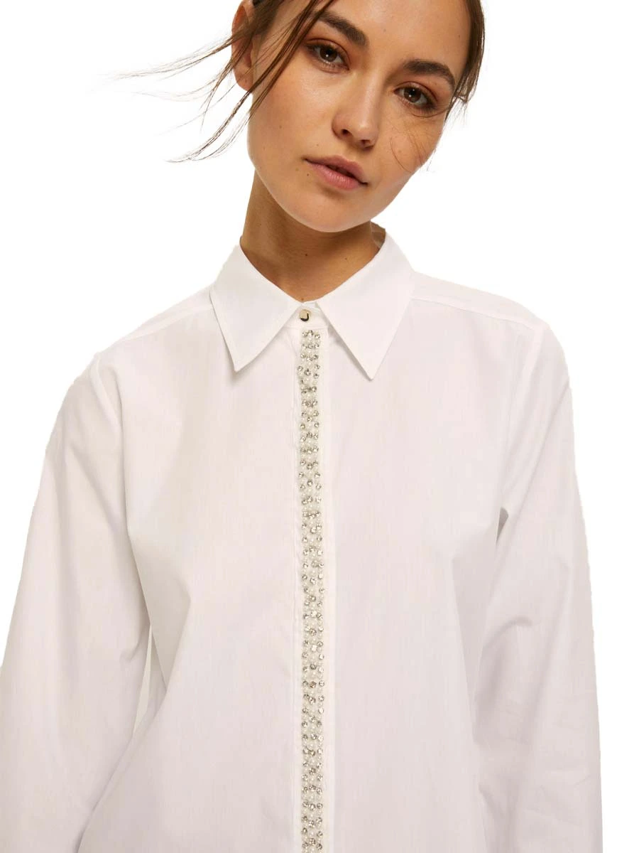 CAMICIA IN COTONE CON CRISTALLI E PERLE DONN BIANCO