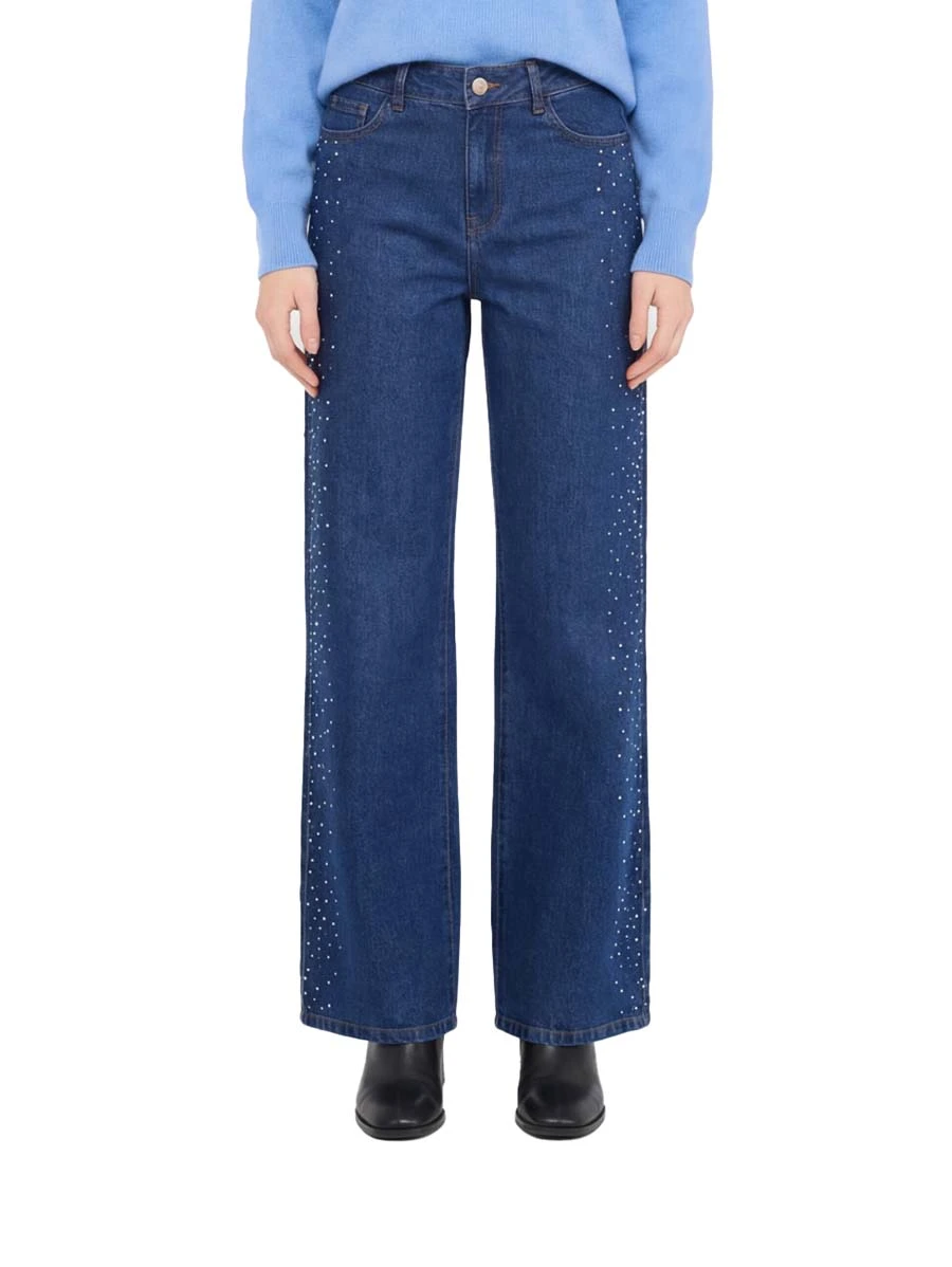 JEANS PALAZZO CON CRISTALLI E BORCHIE DONNA BLU