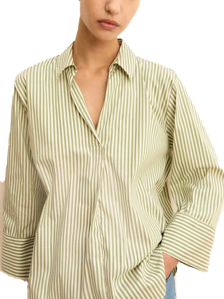 BLUSA CON COLLO SIMIL POLO E FANTASIA A RIGHE DONNA VERDE