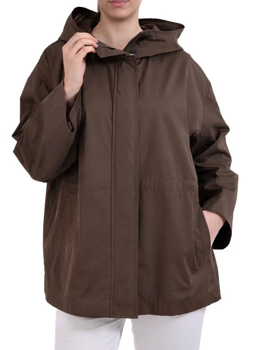 GIACCA IMPERMEABILE IN TWILL TECNICO CON CAPPUCCIO E BOTTONI DONNA MARRONE