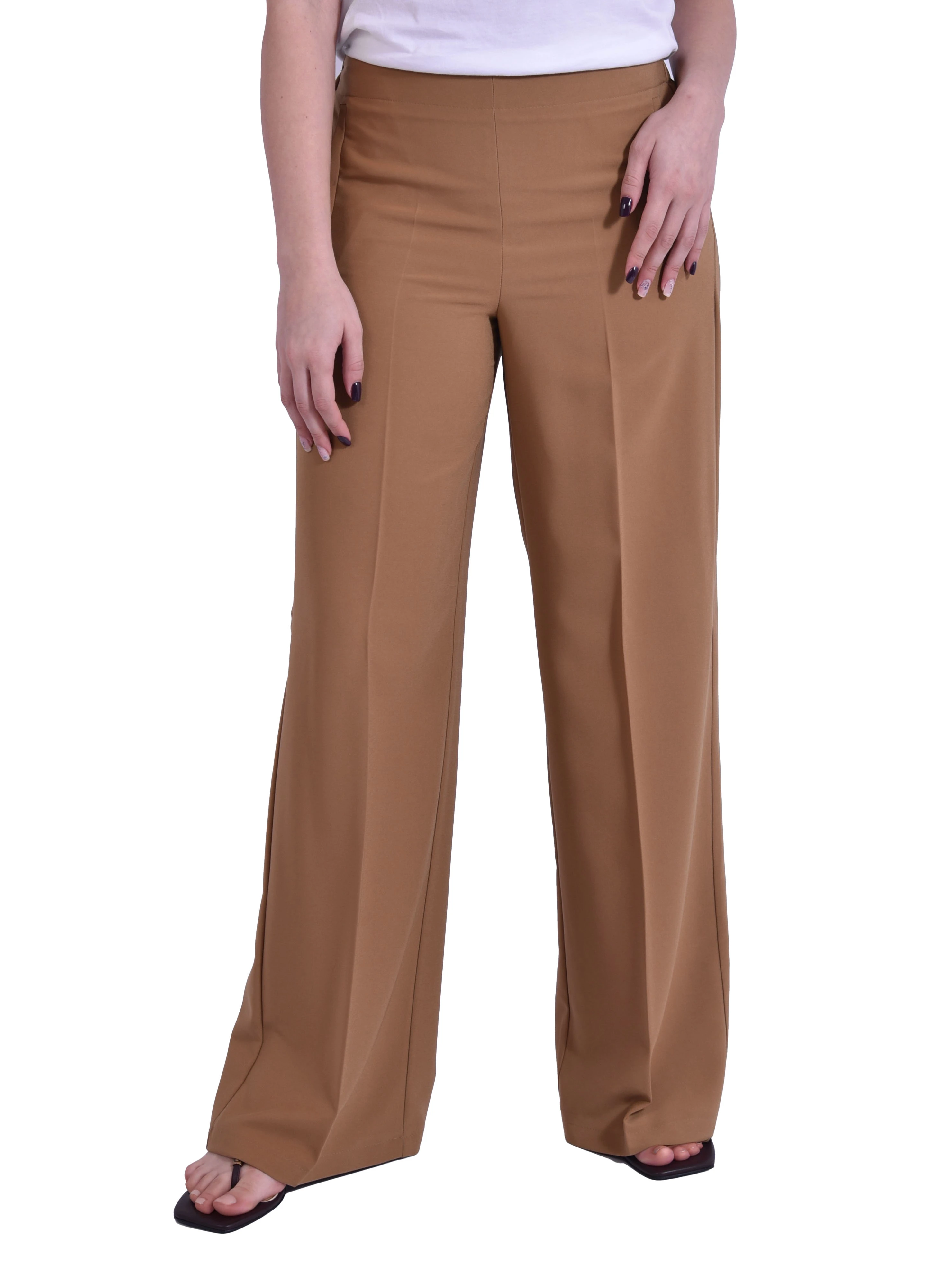 PANTALONE PALAZZO IN FLUIDO BISTRECTH CON PIEGA STIRATA DONNA MARRONE