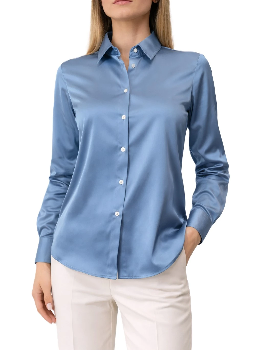 CAMICIA IN RASO LEGGERO CON CARRÉ POSTERIORE DONNA AZZURRO