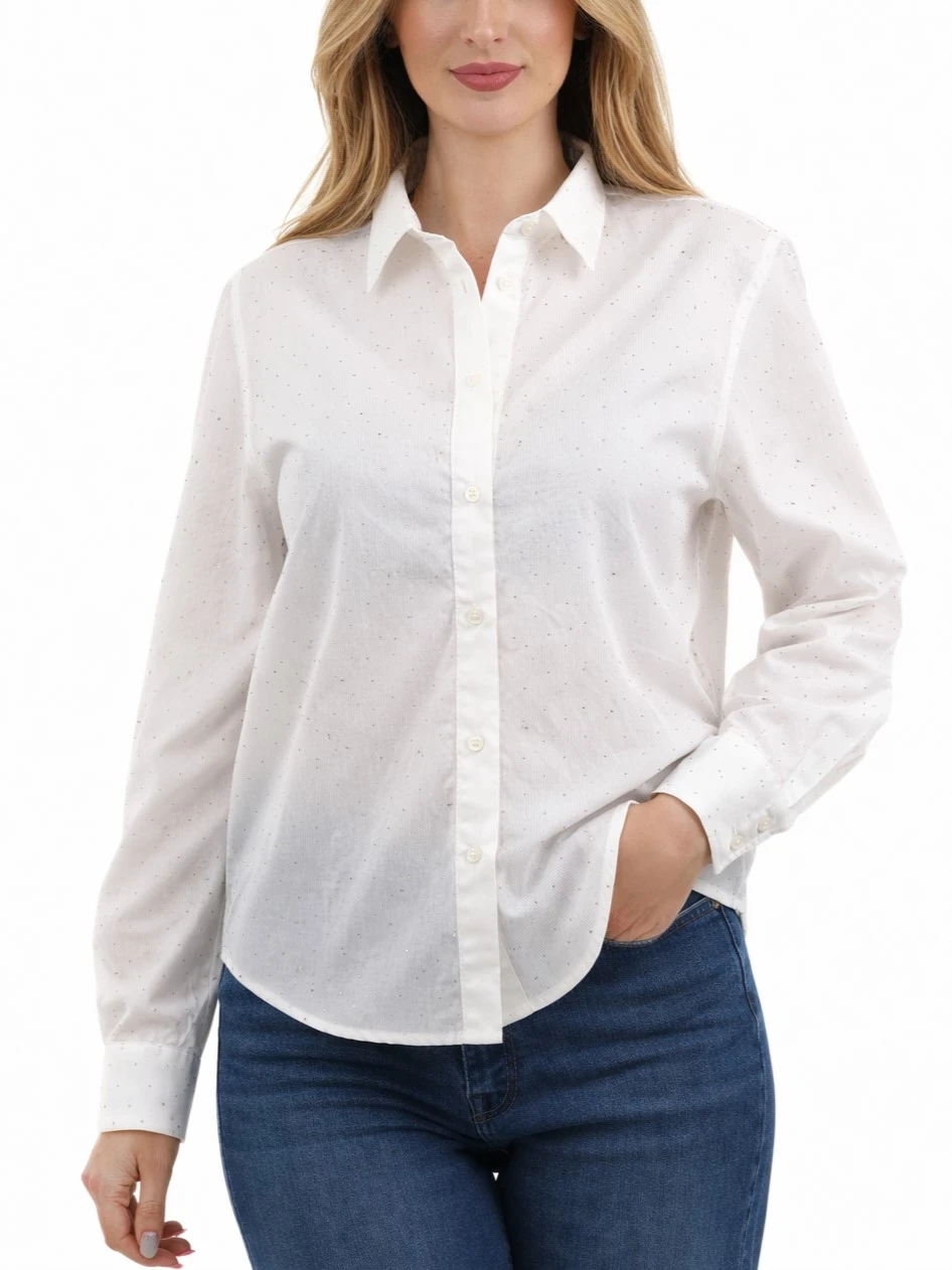 CAMICIA IN COTONE CON BRILLANTINI APPLICATI DONNA BIANCO