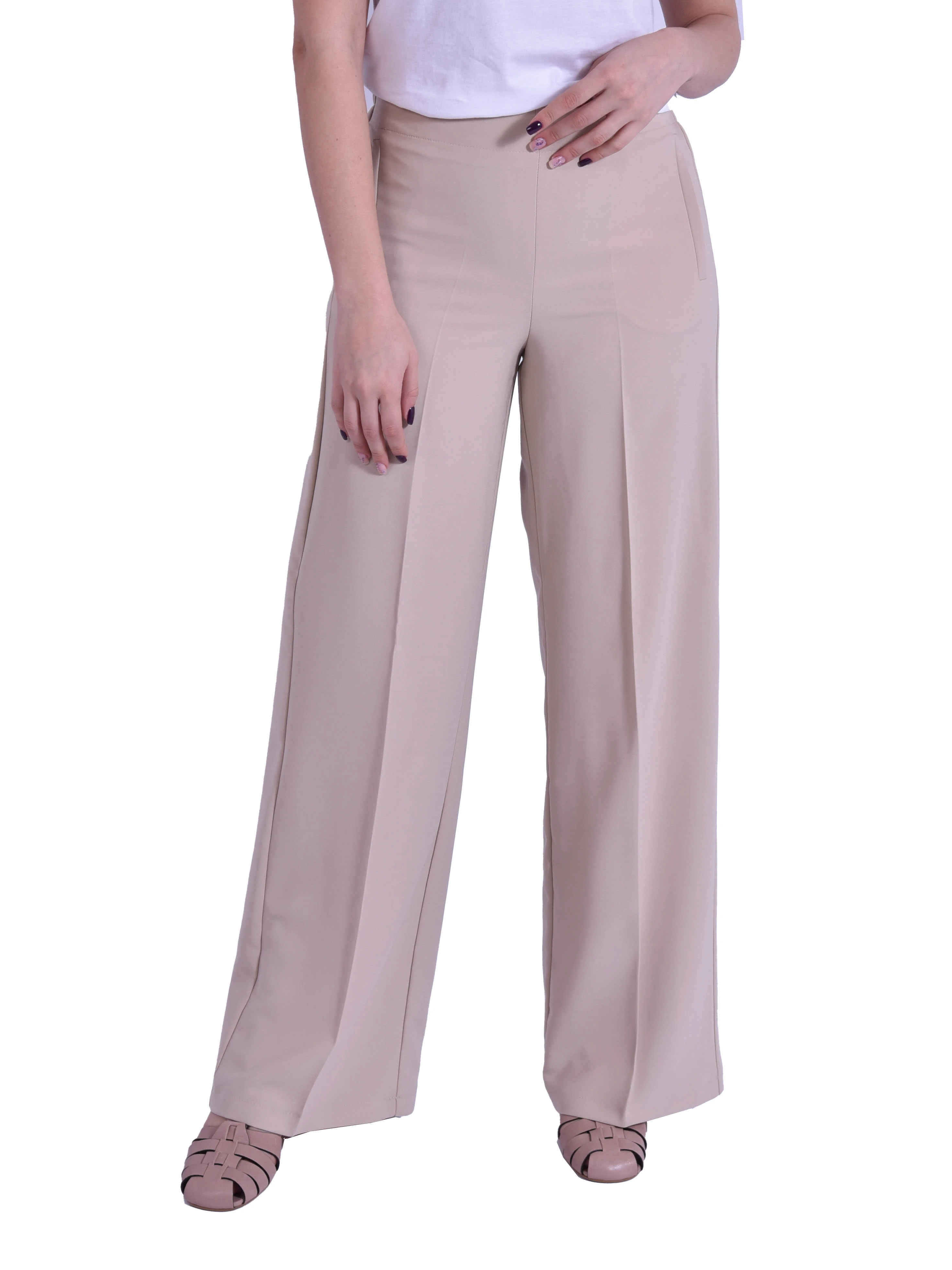 PANTALONE PALAZZO IN FLUIDO BISTRECTH CON PIEGA STIRATA DONNA BEIGE