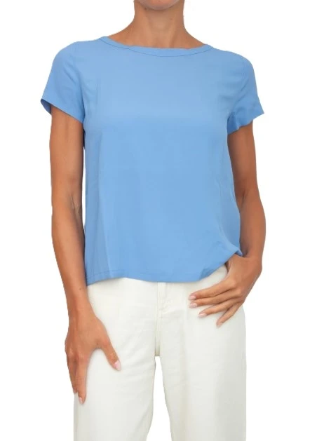 BLUSA IN MISTO SETA CON SCOLLO A BARCA DONNA AZZURRO