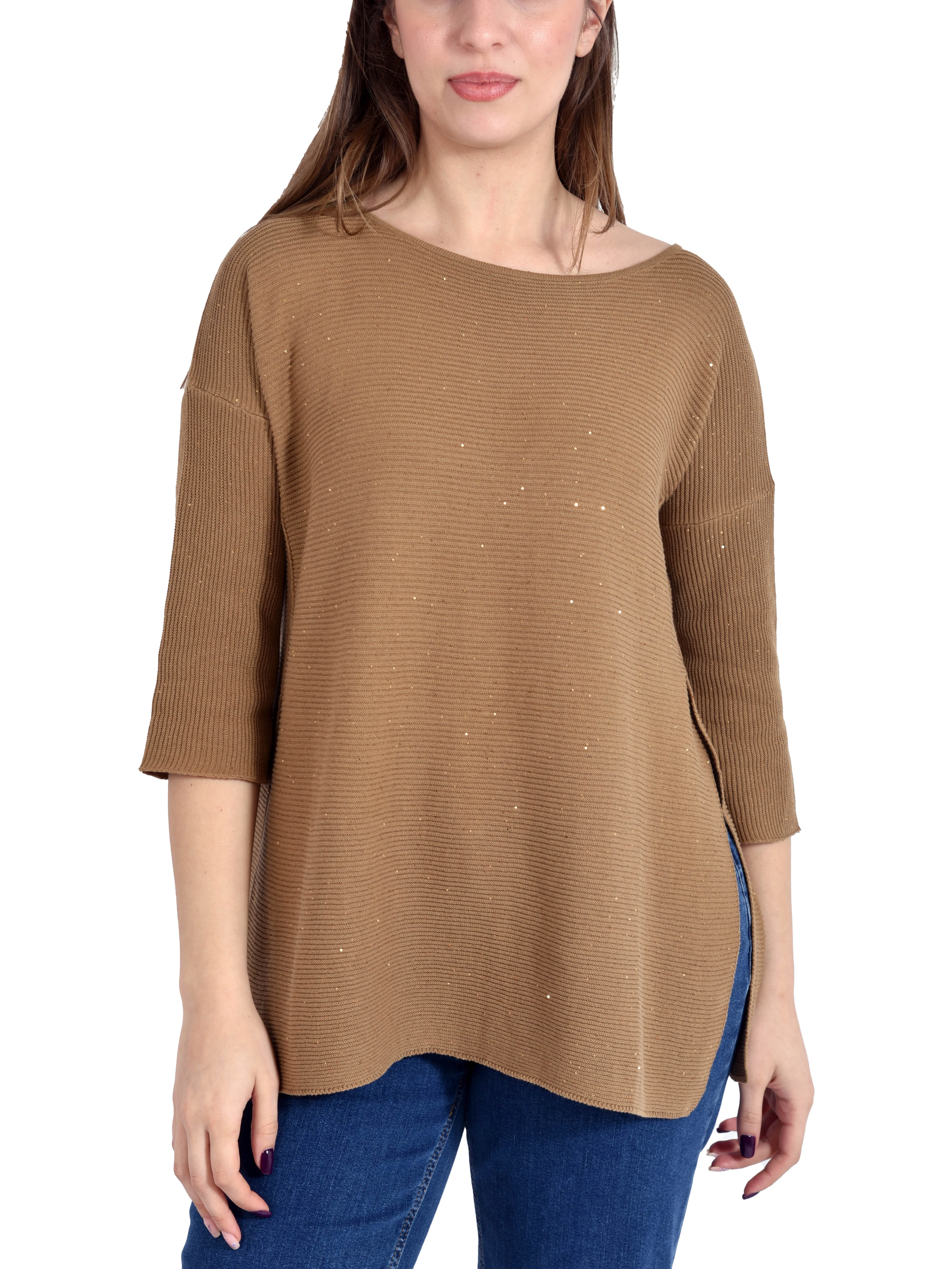 MAGLIA CON SCOLLO A BARCA CON PAILLETES E MANICA A KIMONO DONNA MARRONE