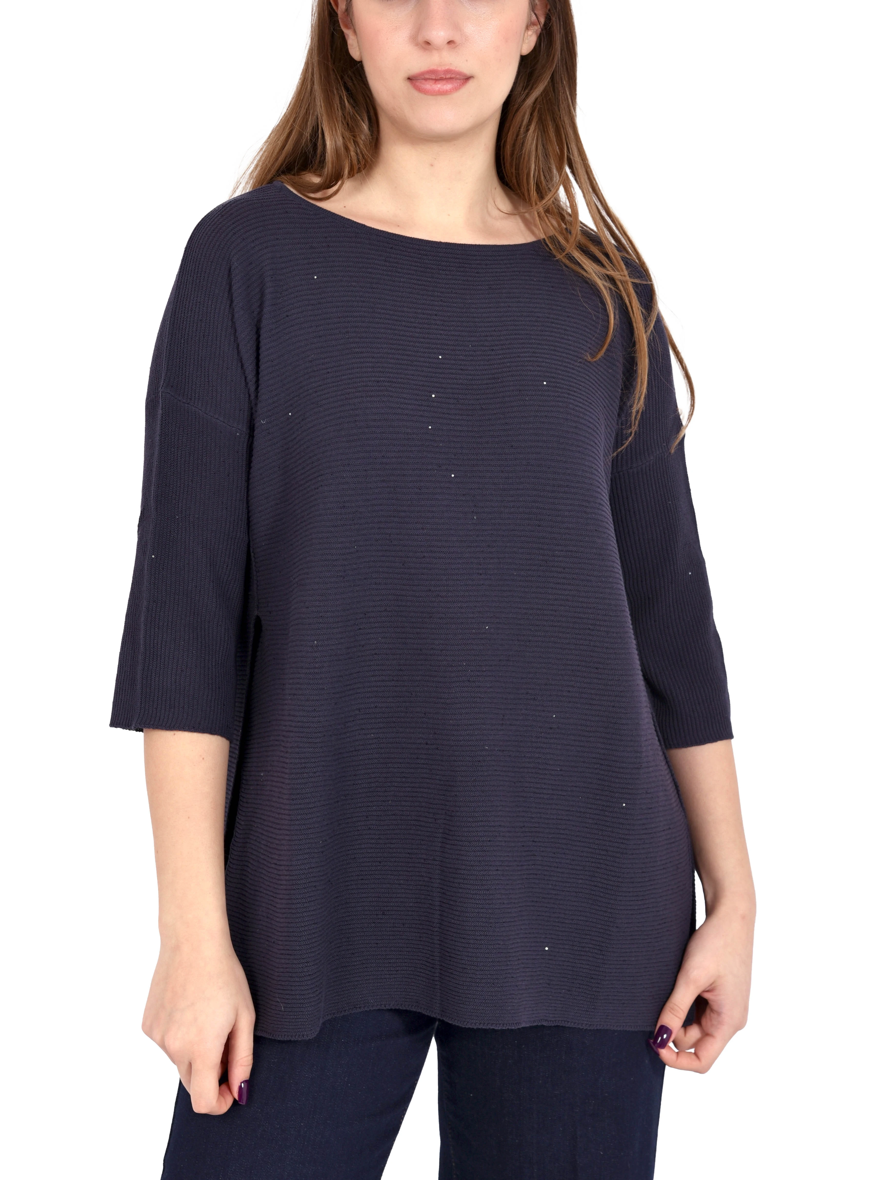 MAGLIA CON SCOLLO A BARCA CON PAILLETES E MANICA A KIMONO DONNA BLU