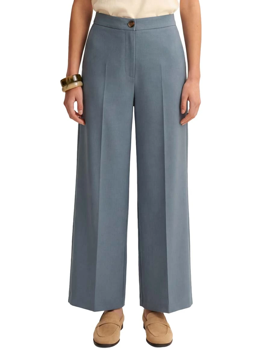 PANTALONI PALAZZO IN TWILL DI VISCOSA E LINO DONNA AZZURRO