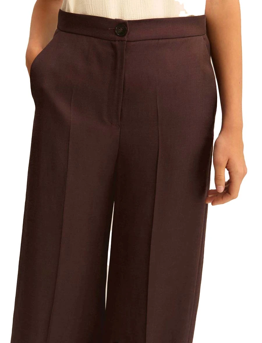 PANTALONI PALAZZO IN TWILL DI VISCOSA E LINO DONNA MARRONE