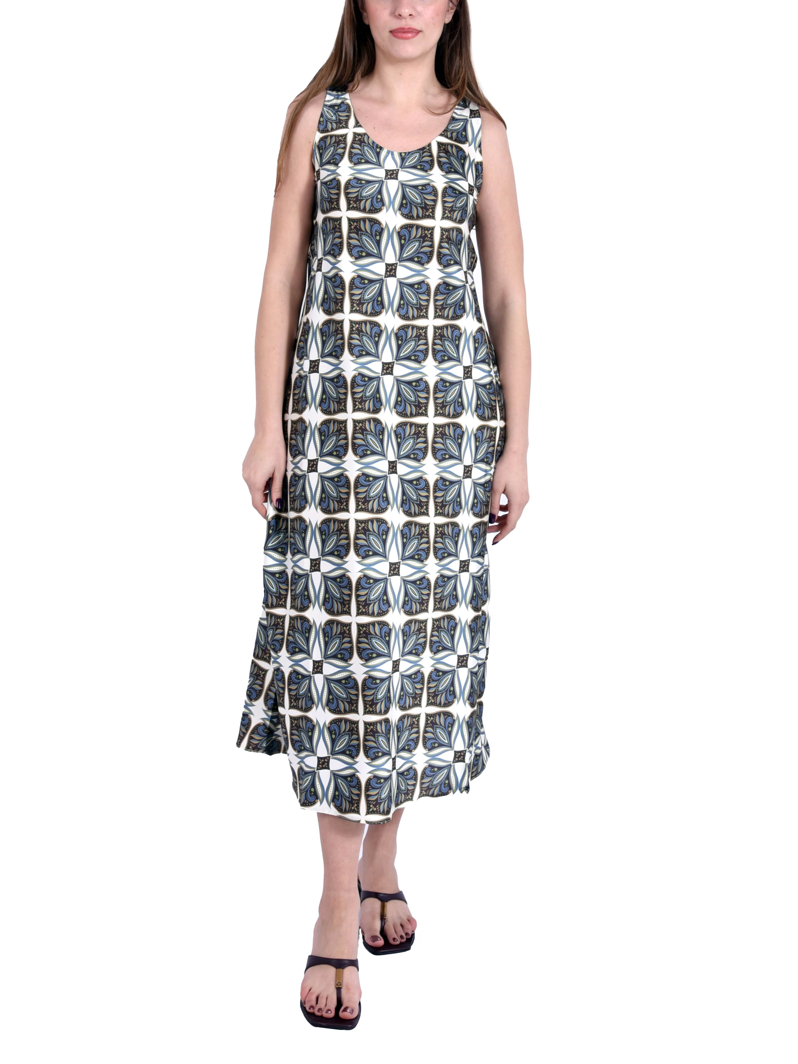 VESTITO LUNGO SMANICATO CON STAMPA GEOMETRICA ALL OVER DONNA BIANCO