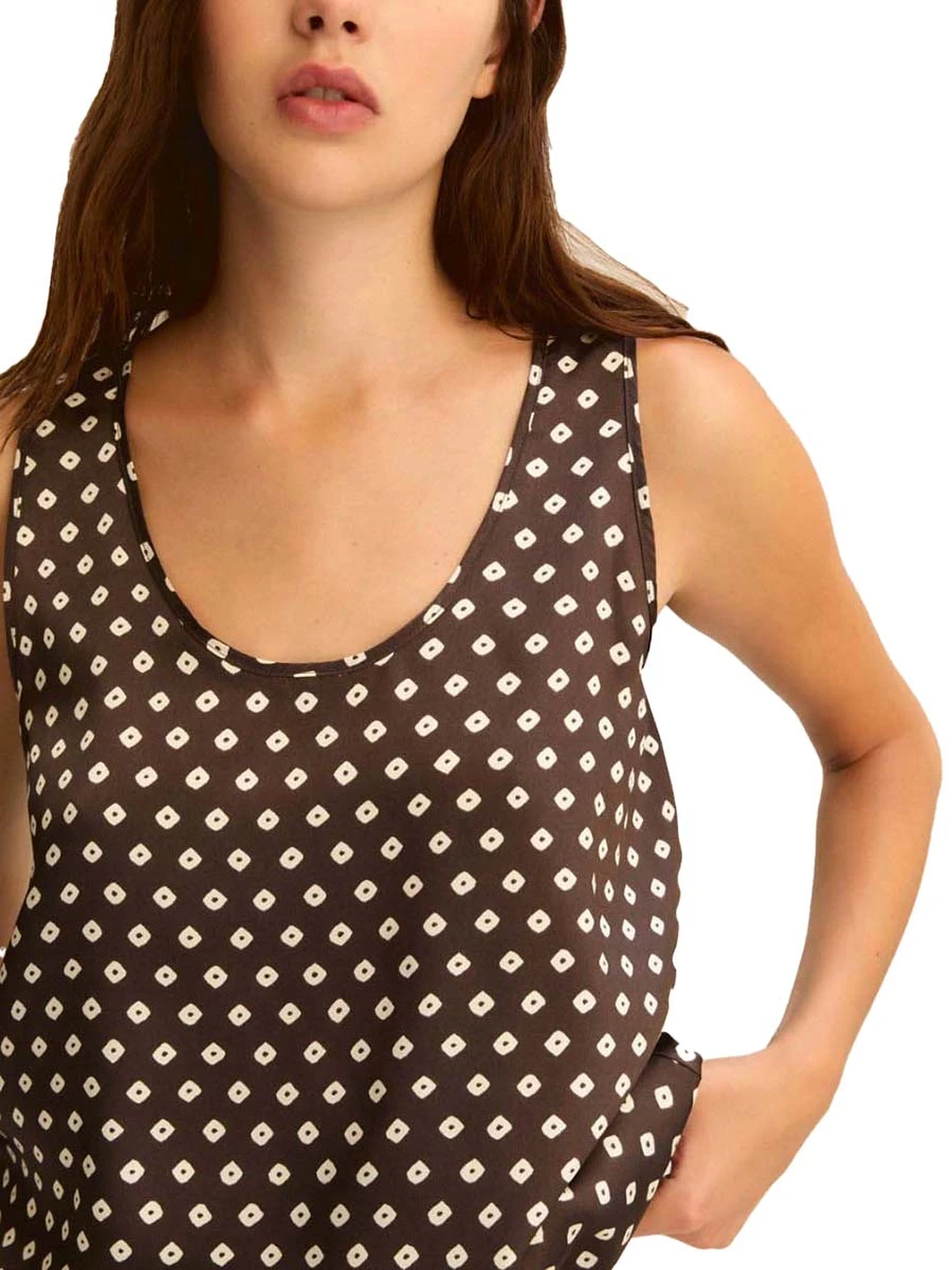 TOP SMANICATO IN TWILL STAMPATO DONNA MARRONE