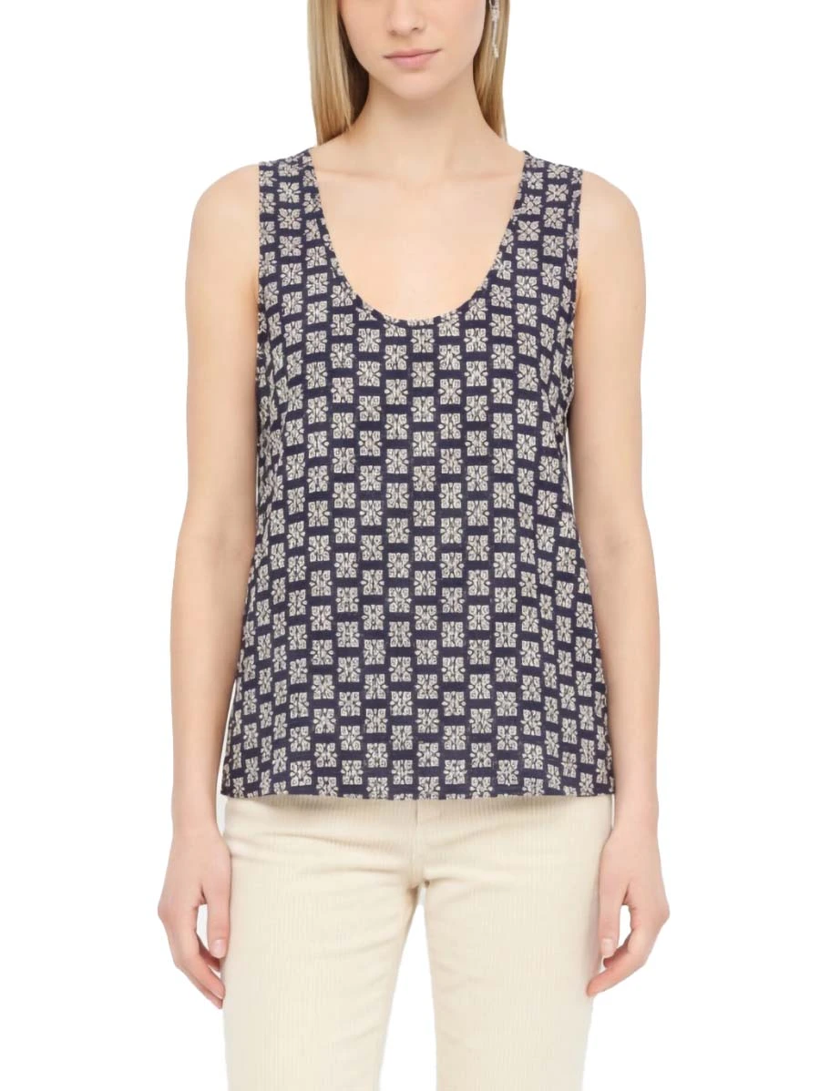 TOP SMANICATO IN TWILL STAMPATO DONNA BLU
