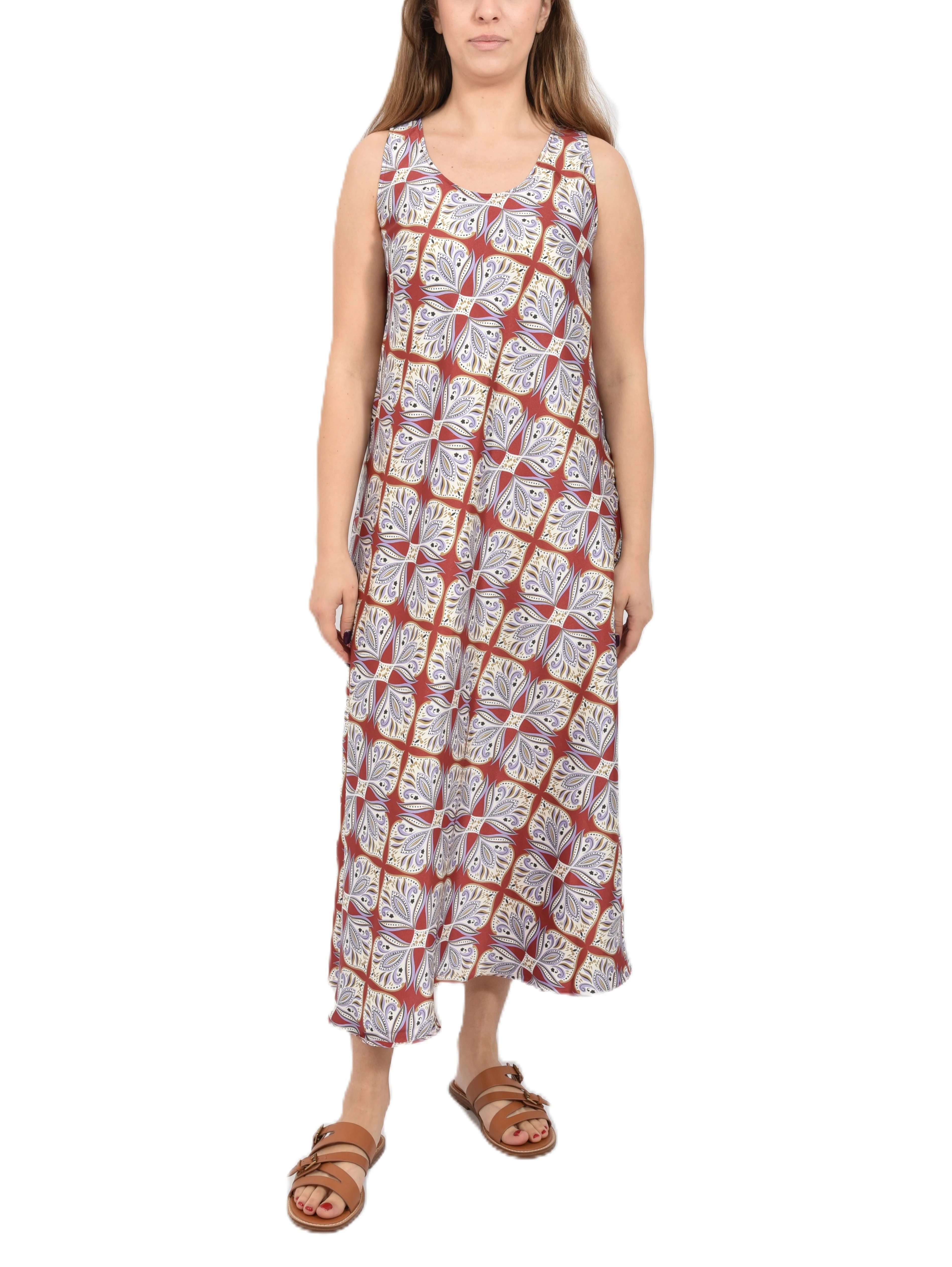 VESTITO LUNGO SMANICATO CON STAMPA GEOMETRICA ALL OVER DONNA ROSSO