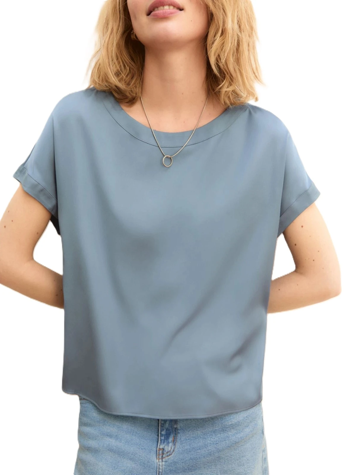 BLUSA MANICA CORTA SCOLLO STONDATO DONNA AZZURRO