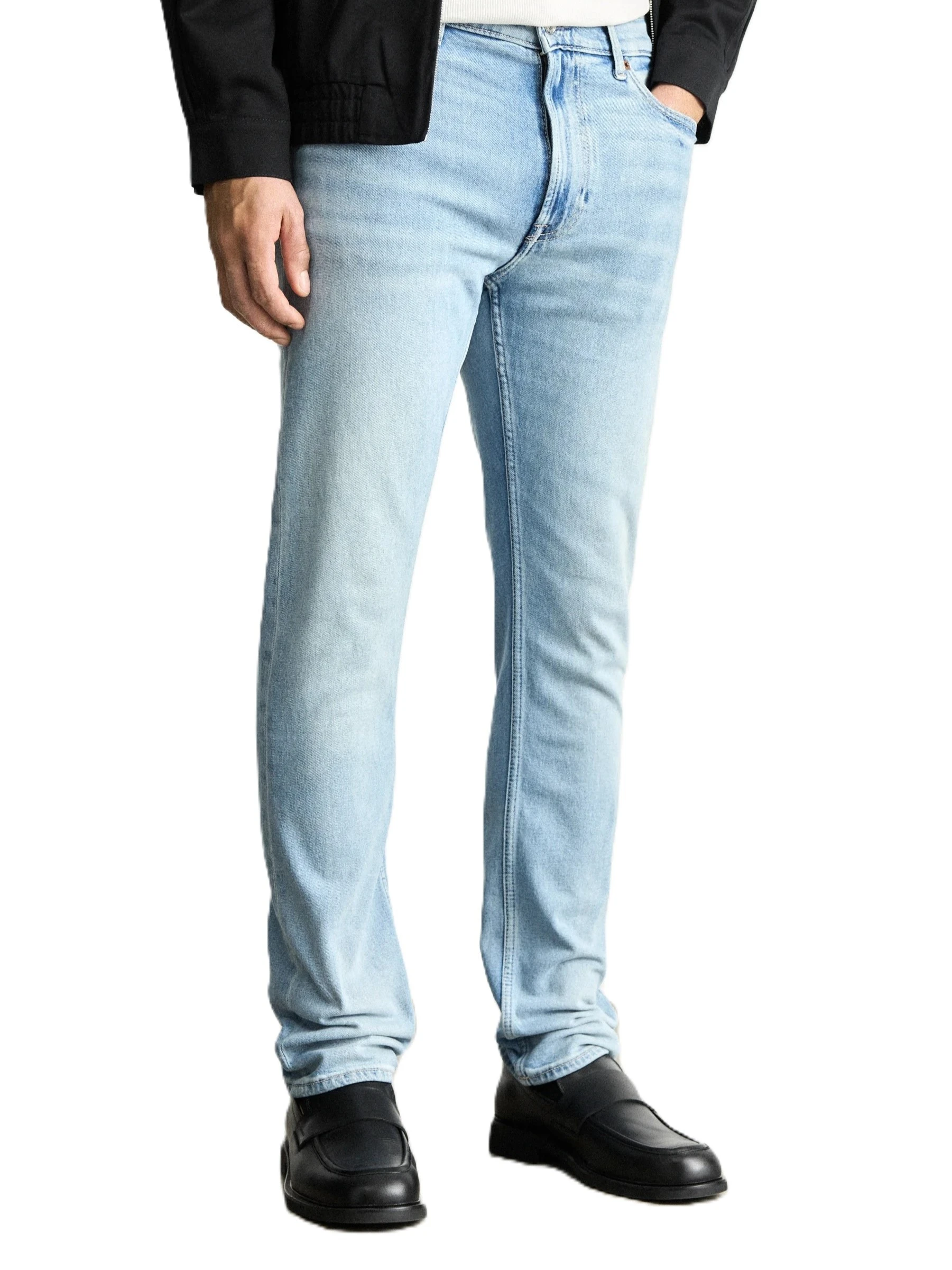 JEANS REGULAR STILE USATO CON PACTH IN PELLE UOMO BLU CHIARO