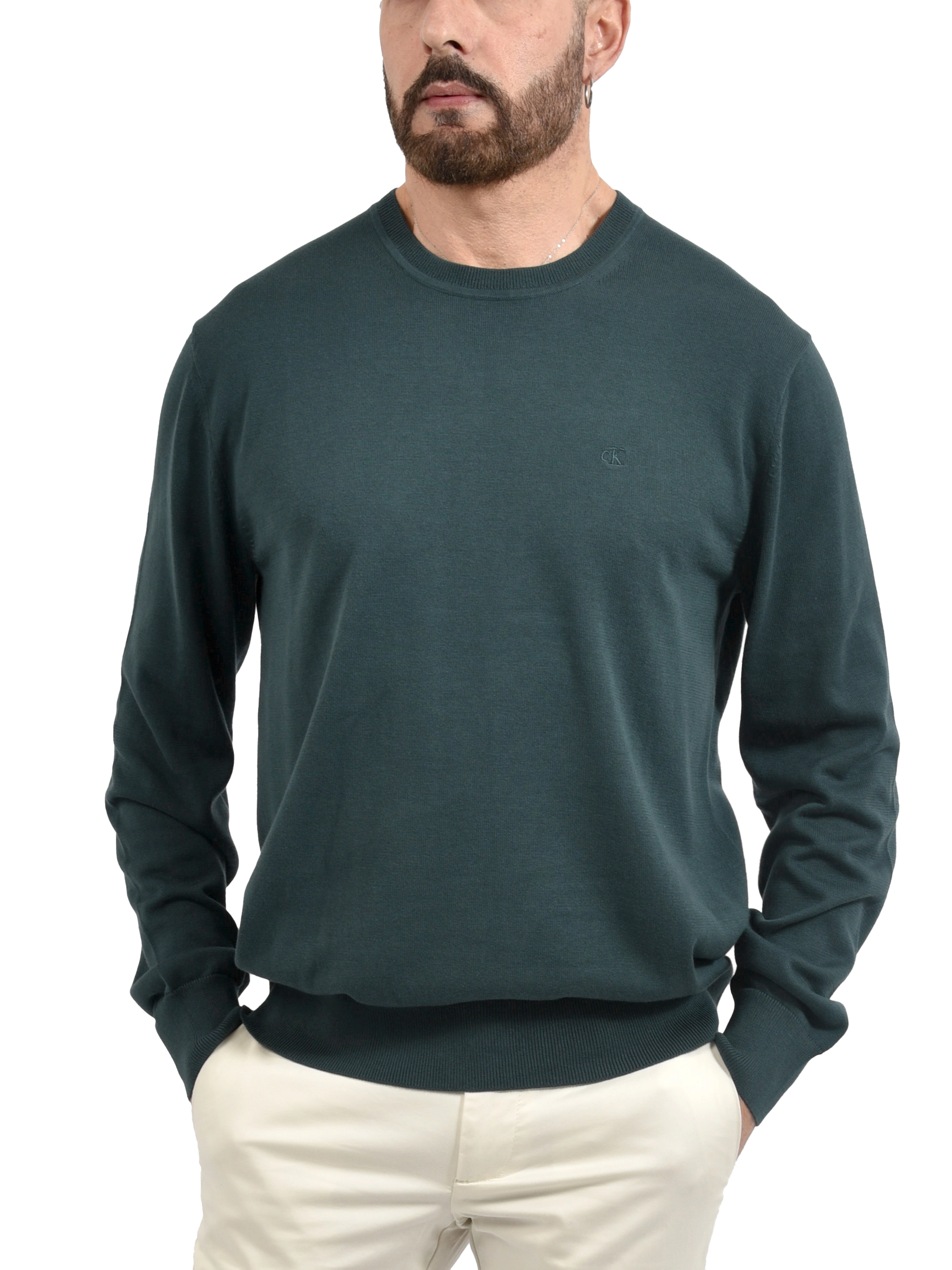 MAGLIA GIROCOLLO IN COTONE A MAGLIA FINE CON LOGO UOMO VERDE