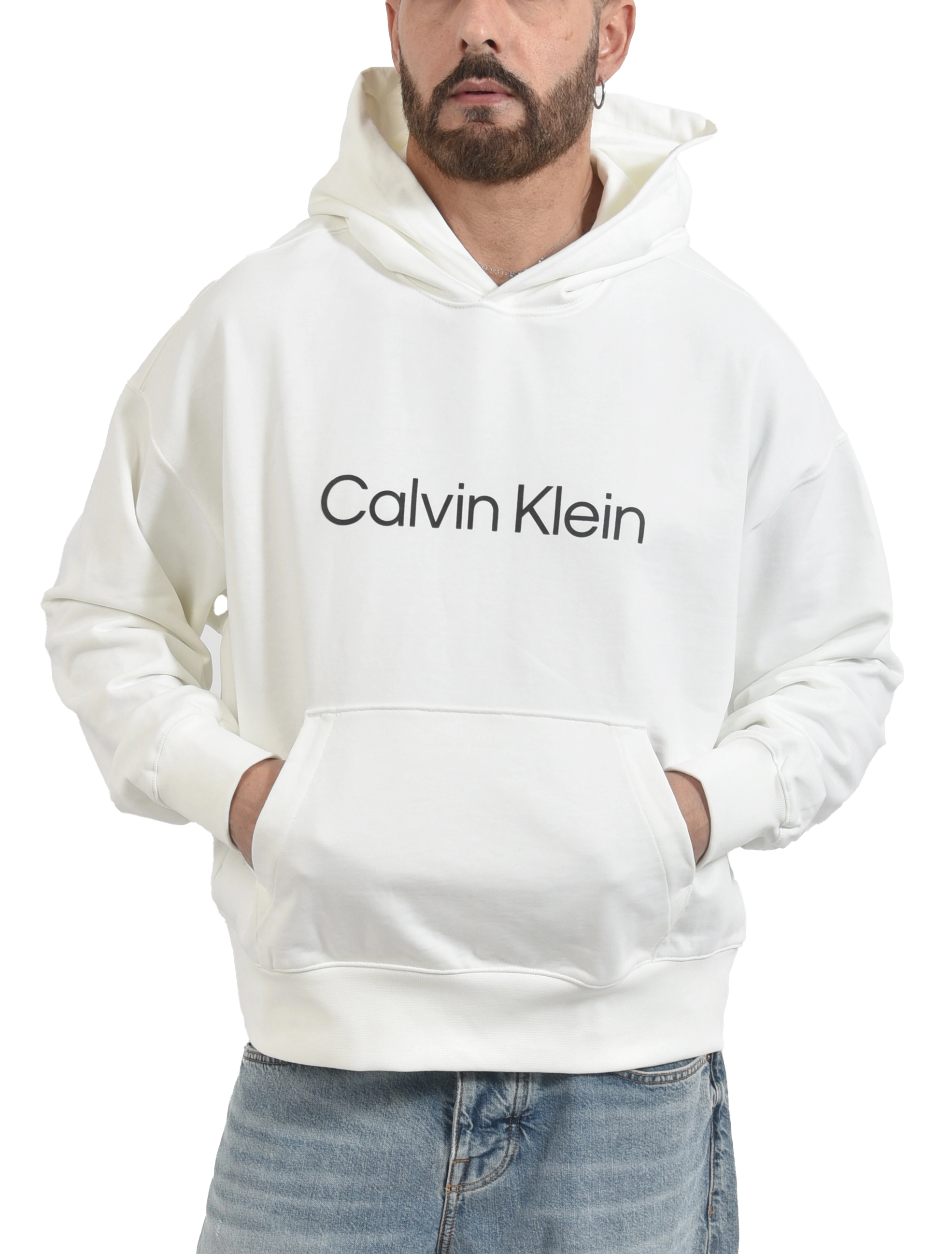 FELPA CON CAPPUCCIO CON TASCONE E LOGO GOMMATO UOMO BIANCO