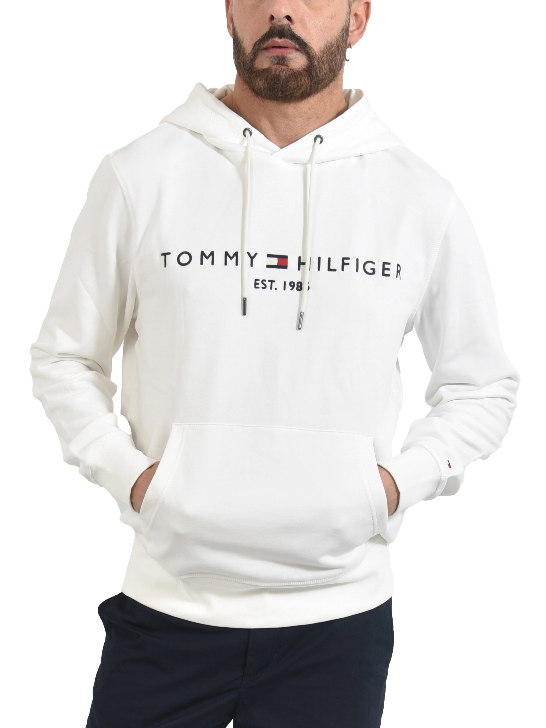 FELPA CON CAPPUCCIO IN COTONE NON FELPATO CON LOGO UOMO BIANCO