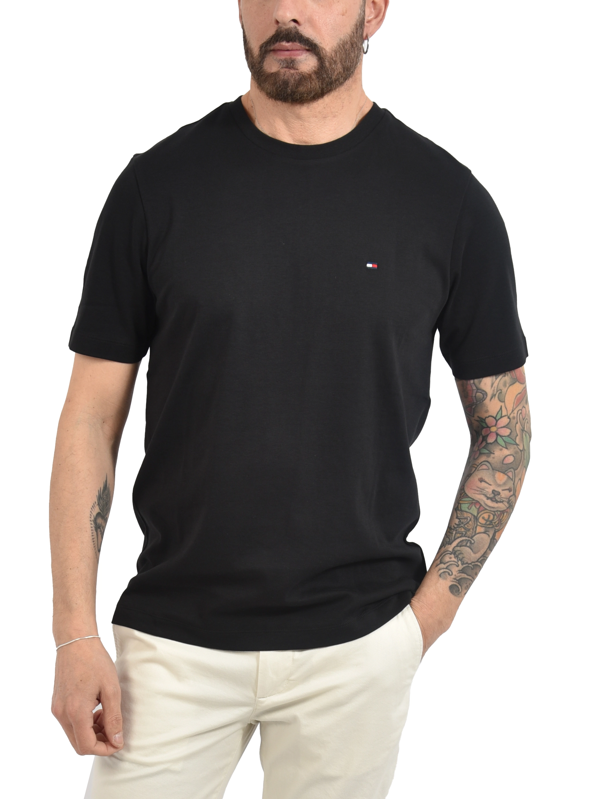 T-SHIRT MANICA CORTA CON BANDIERINA RICAMATA UOMO NERO