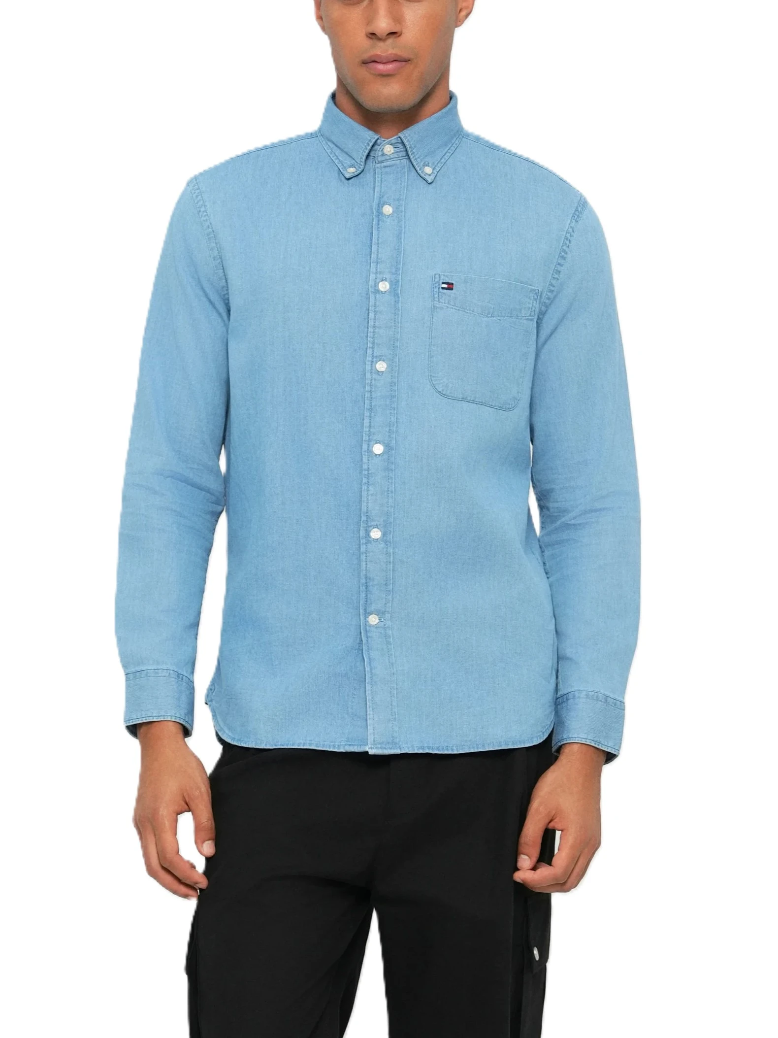 CAMICIA IN DENIM CON TASCA SUL PETTO E BANDIERINA UOMO BLU CHIARO