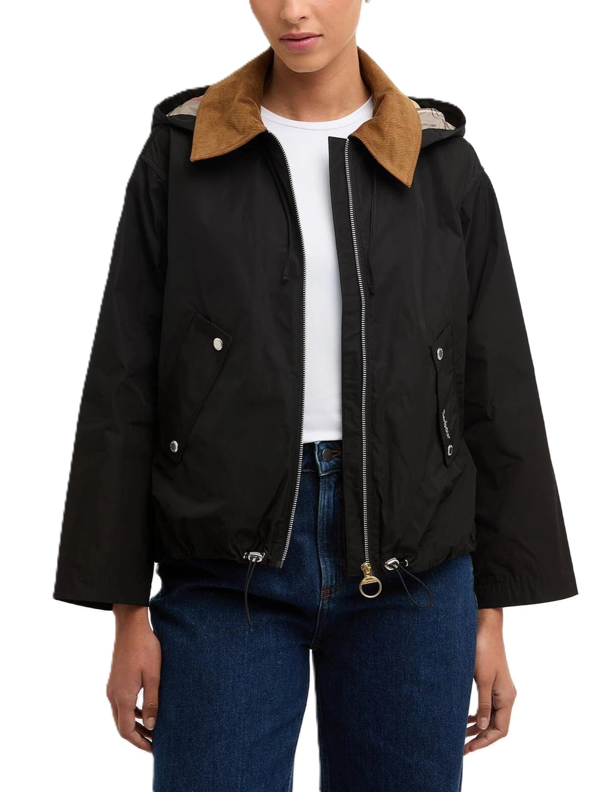 GIACCA IMPERMEABILE CON DETTAGLI IN TARTAN E CAPPUCCIO REMOVIBILE DONNA NERO