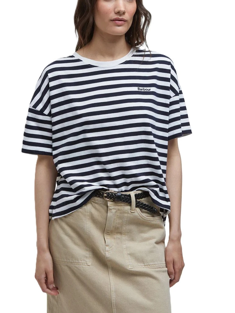 T-SHIRT MANICA CORTA IN COTONE CON MOTIVO A RIGHE E LOGO RICAMATO DONNA BLU
