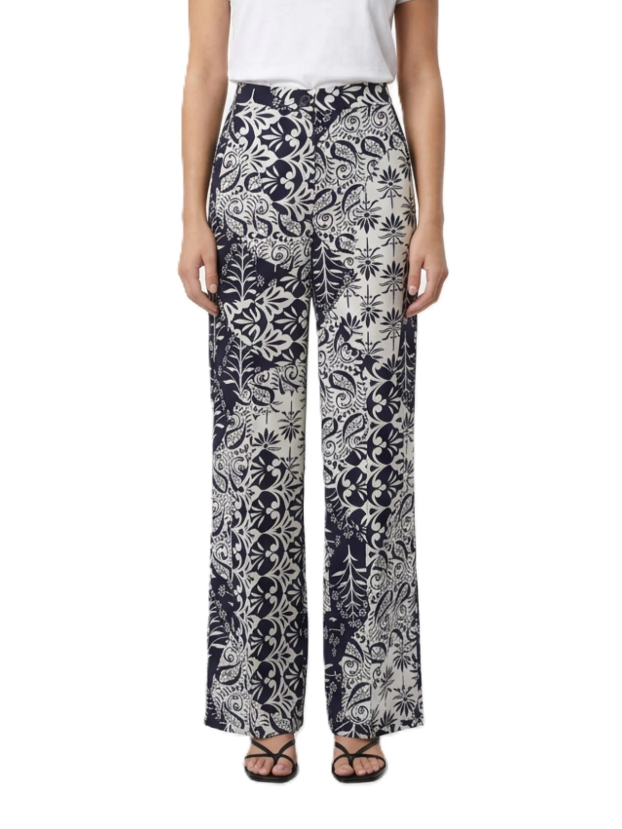 PANTALONE PALAZZO IN TWILL STAMPATO CON VITA ALTA DONNA BLU