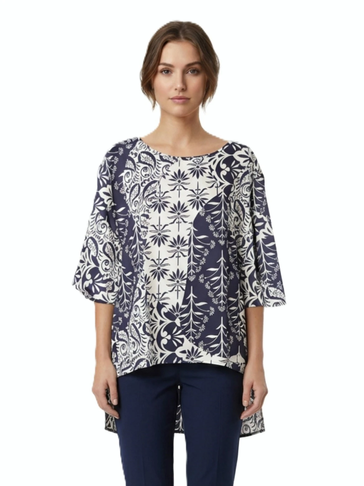 BLUSA IN TWILL STAMPATO CON FONDO ASIMMETRICO DONNA BLU