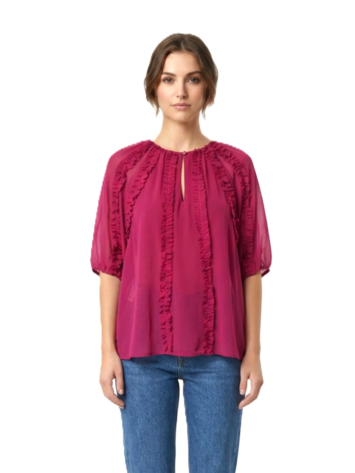 BLUSA CON RUCHES VERTICALI E APERTURA A GOCCIA DONNA FUCSIA