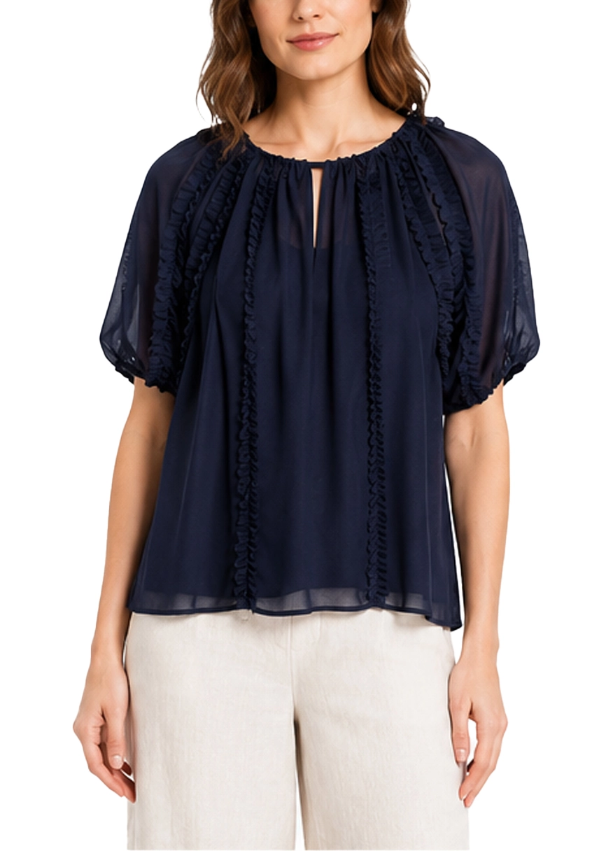 BLUSA CON RUCHES VERTICALI E APERTURA A GOCCIA DONNA BLU