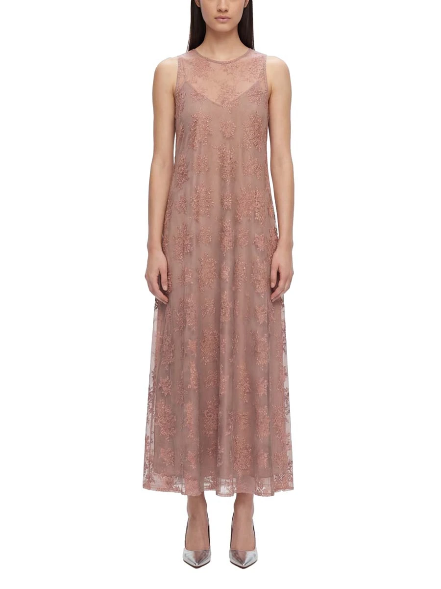 VESTITO LUNGO IN PIZZO CON SOTTOVESTE DONNA ROSA