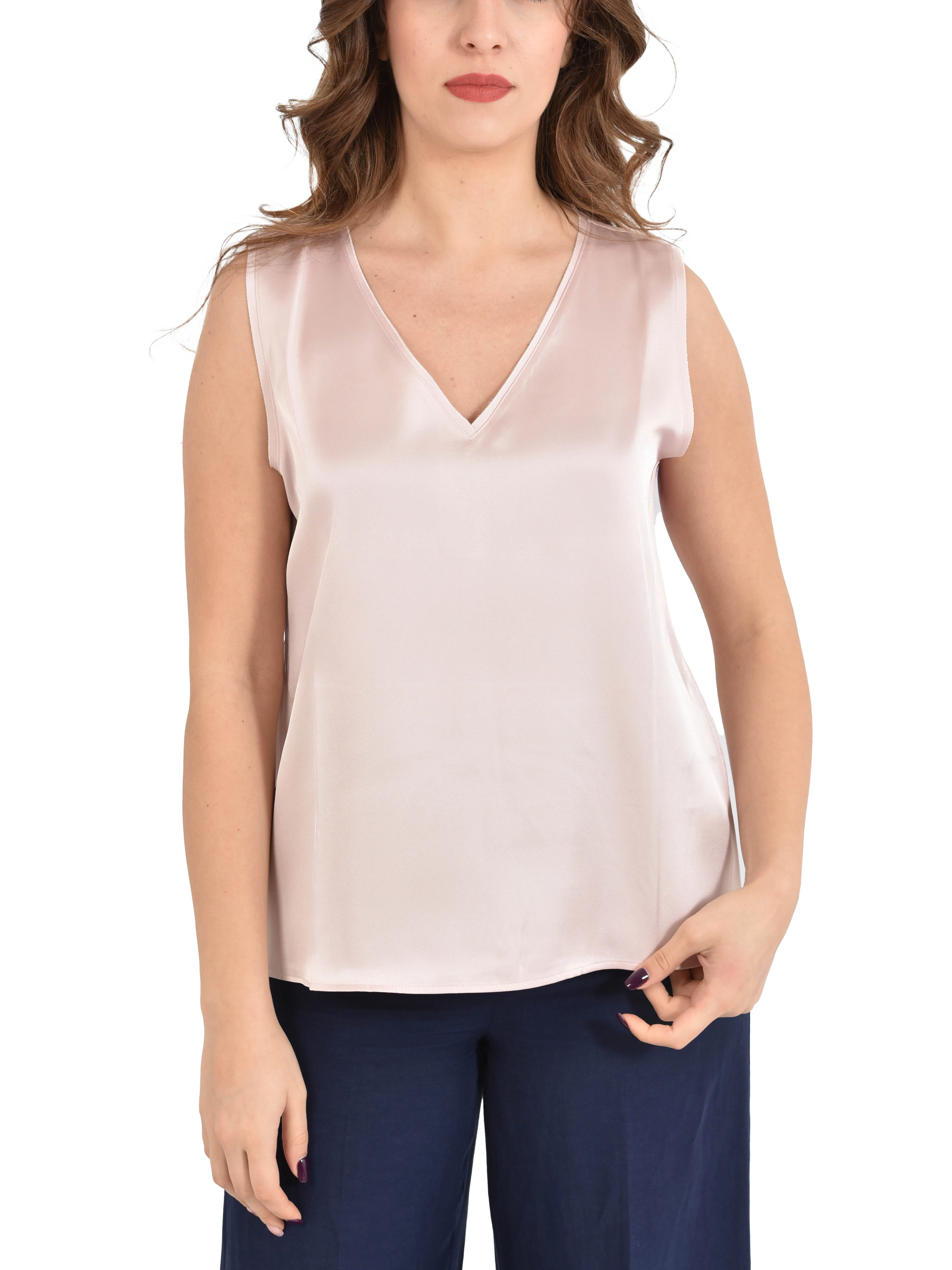 TOP SMANICATO IN RASO CON SCOLLO A V DONNA ROSA MALVA