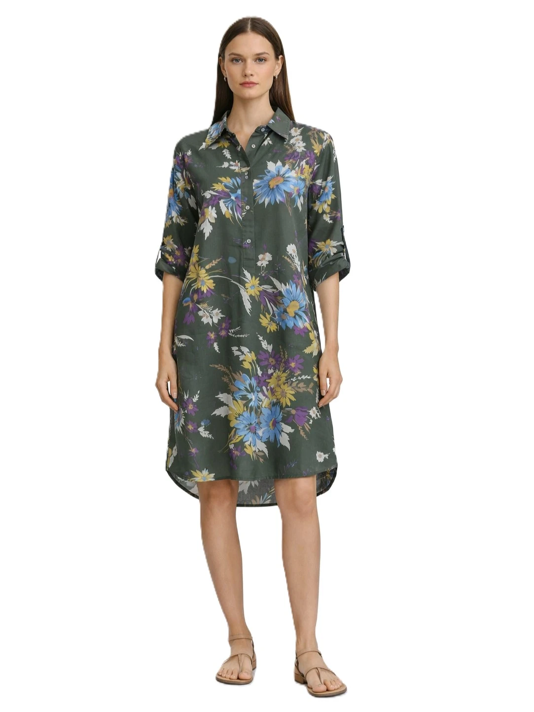 VESTITO CHEMISER IN COTONE CON FANTASIA FLOREALE  DONNA VERDE