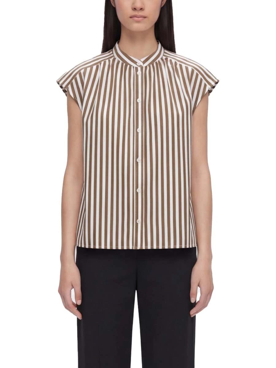 CAMICIA MANICA CORTA  CON COLLO ALLA COREANA DONNA MARRONE