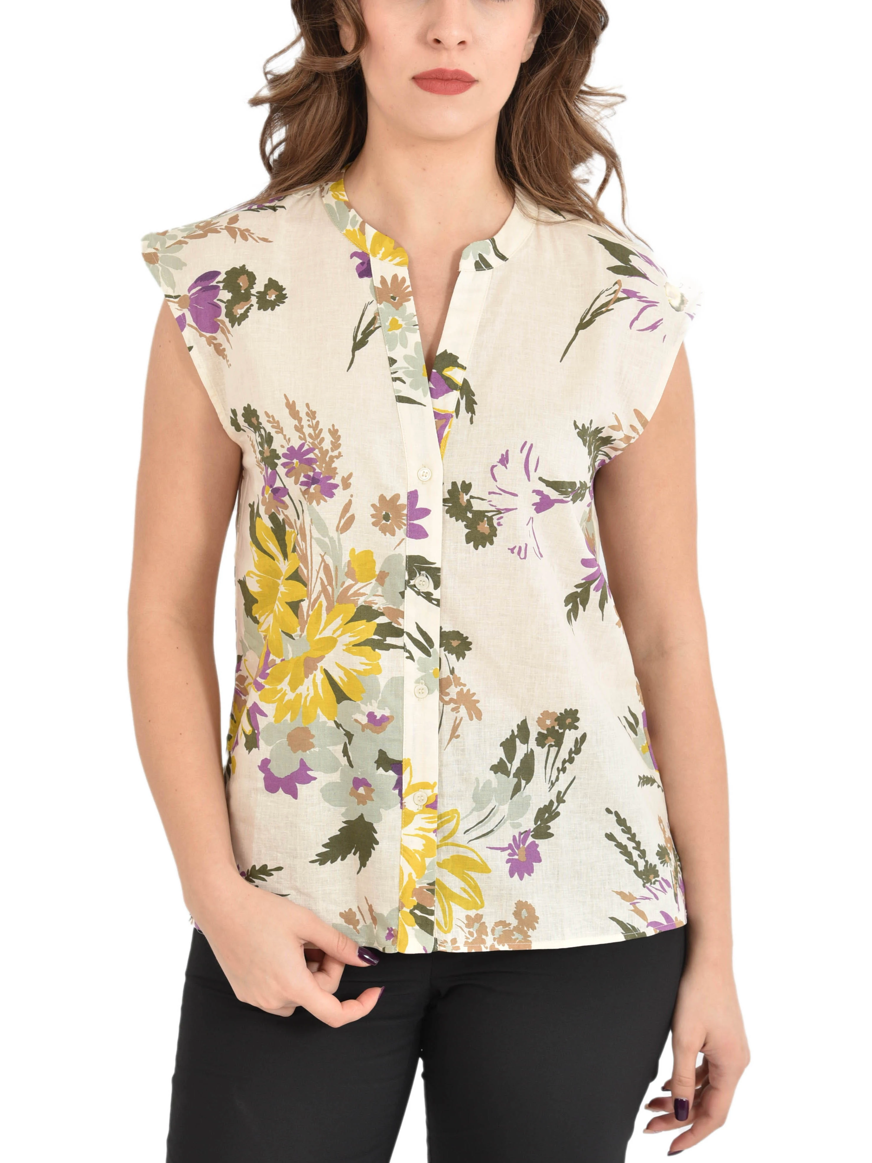 CAMICIA SMANICATA CON STAMPA FLOREALE DONNA AVORIO