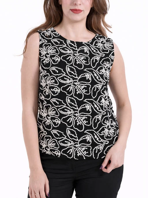 TOP IN COTONE E LINO RICAMATO CON MOTIVO FLOREALE DONNA NERO