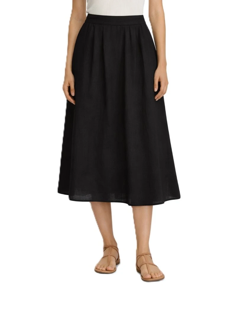 GONNA IN TELA DI LINO CON INSERTO ELASTICO SUL RETRO DONNA NERO