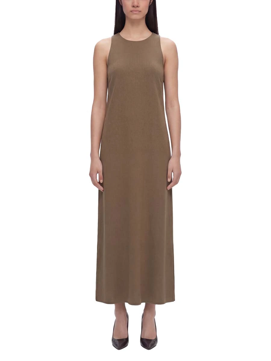 VESTITO LUNGO IN LINO CON SPACCHI LATERALI DONNA TORTORA