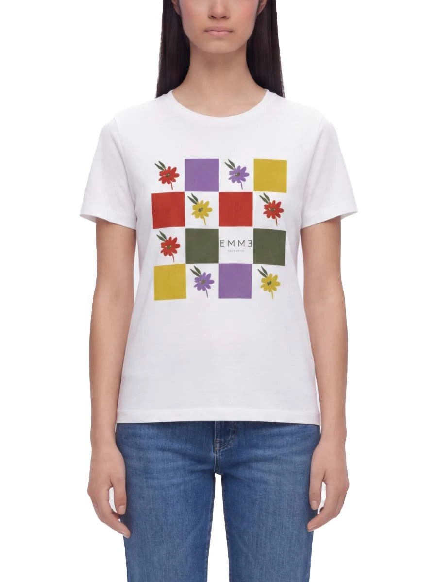 T-SHIRT MANICA CORTA CON STAMPE FANTASIA  QUADRO FLOREALE DONNA BIANCO