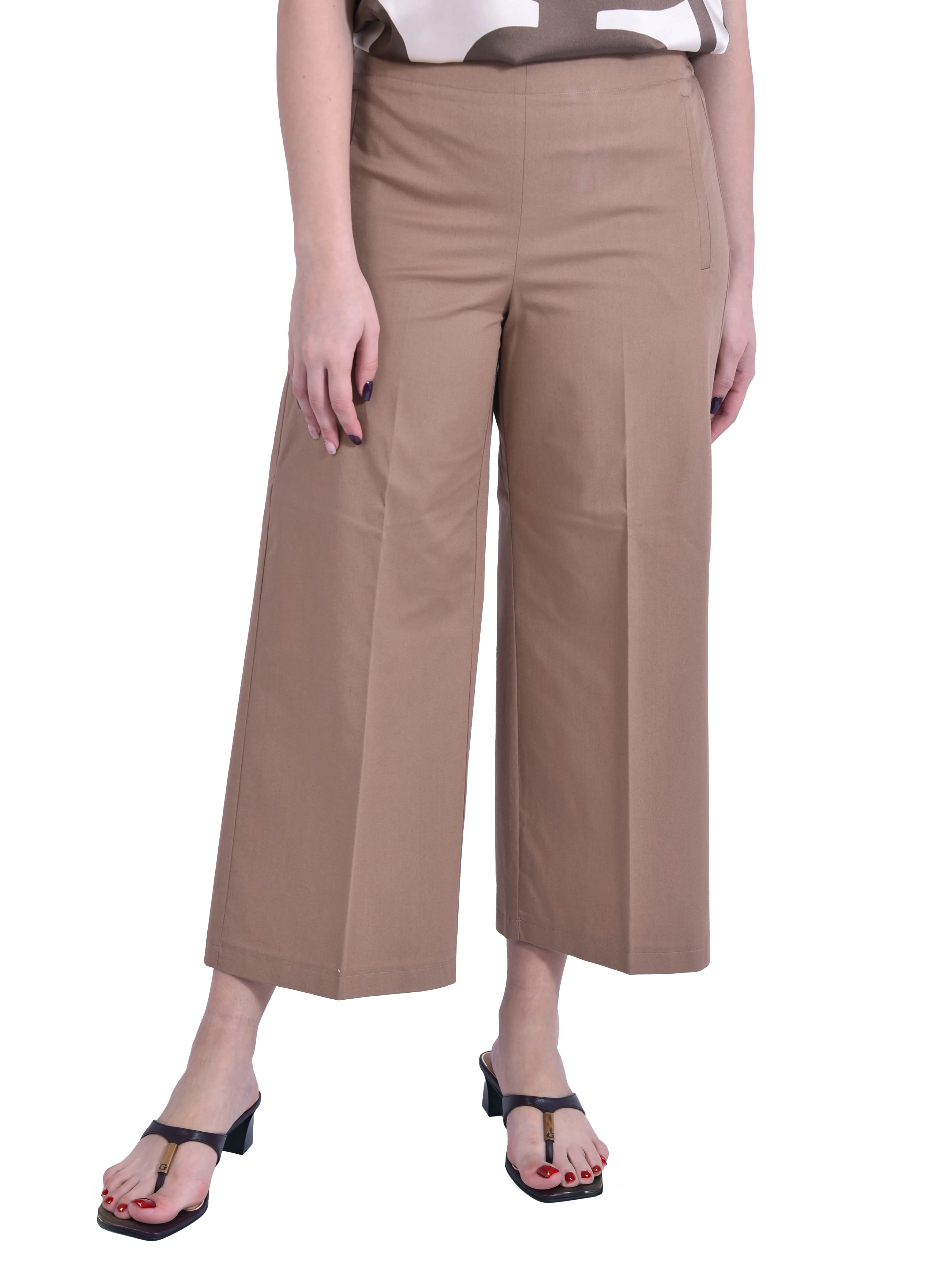 PANTALONE PALAZZO CON TASCHE A FILETTO E INSERTO ELASTICO SUL RETRO DONNA MARRONE