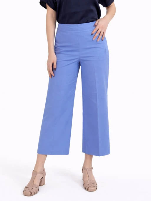PANTALONE PALAZZO CON TASCHE A FILETTO E INSERTO ELASTICO SUL RETRO DONNA AZZURRO
