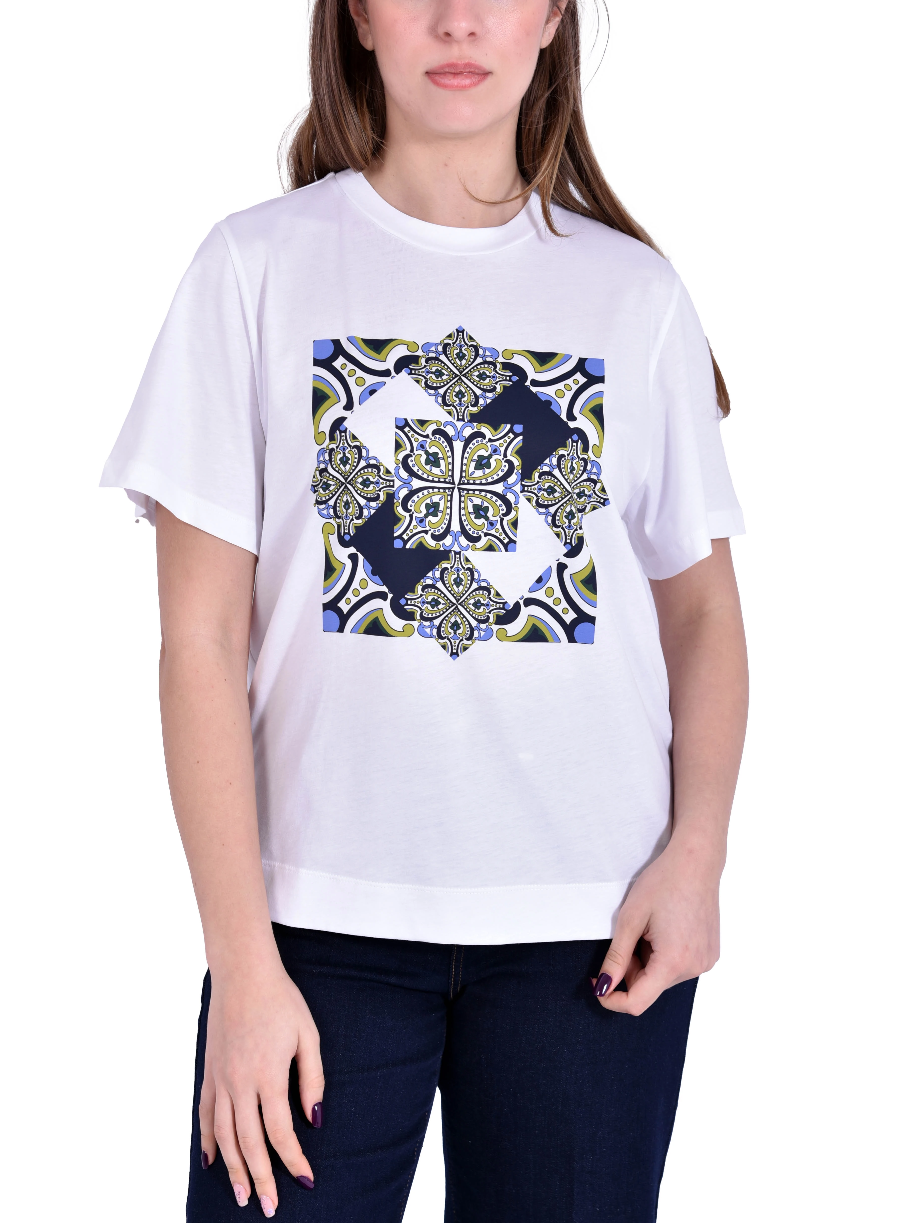 T-SHIRT IN JERSEY DI PURO COTONE CON STAMPA FLOREALE  E SPACCHETTI LATERALI DONNA BIANCO