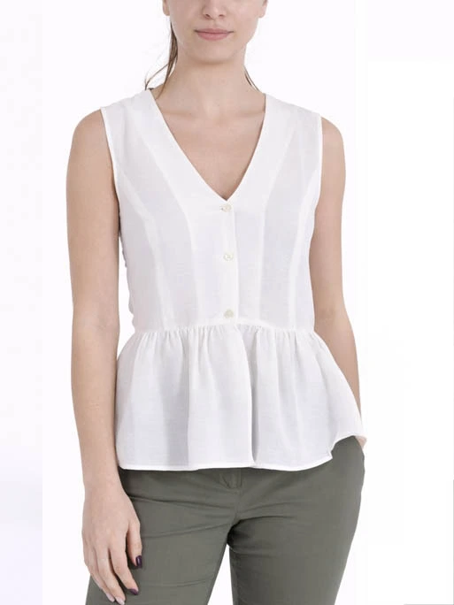TOP IN MISTO LINO CON BALZA IN VITA DONNA BIANCO